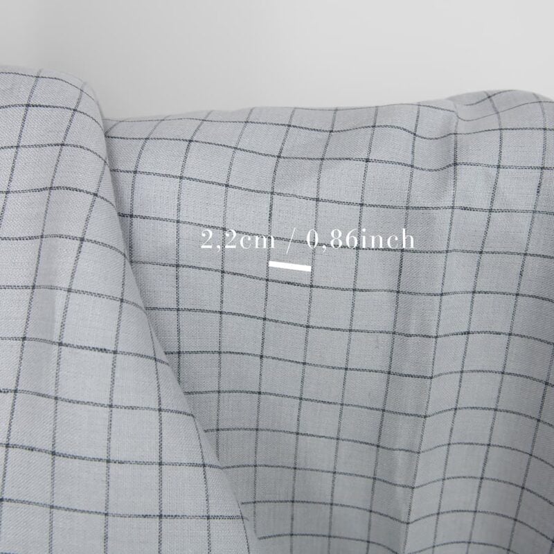 Linen fabric double-sided light grey with blue checks with measurements