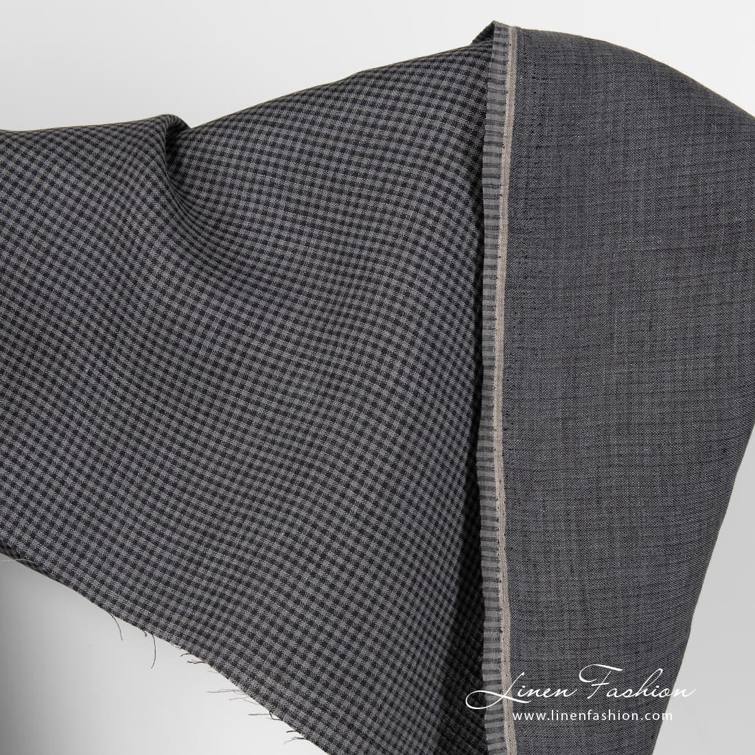 Black grey checked linen fabric.