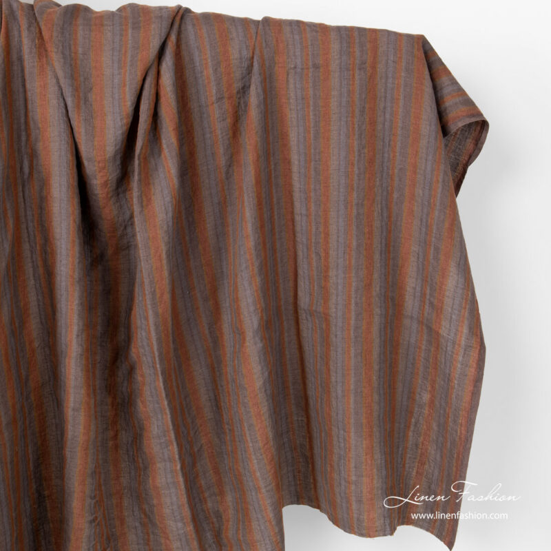 Washed linen fabric in brown grey color stripes