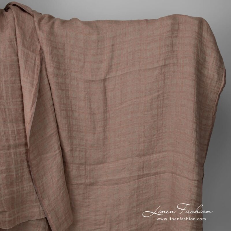 Washed linen fabric brownish grey colour check pattern
