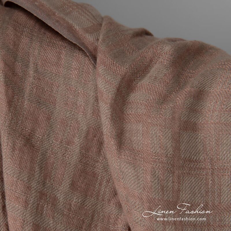Washed linen fabric brownish grey colour check pattern close up view