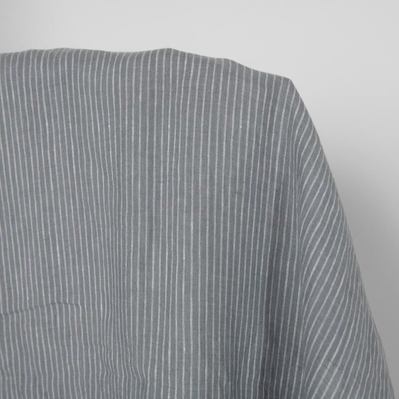 Washed linen fabric grey white stripes, 100% linen