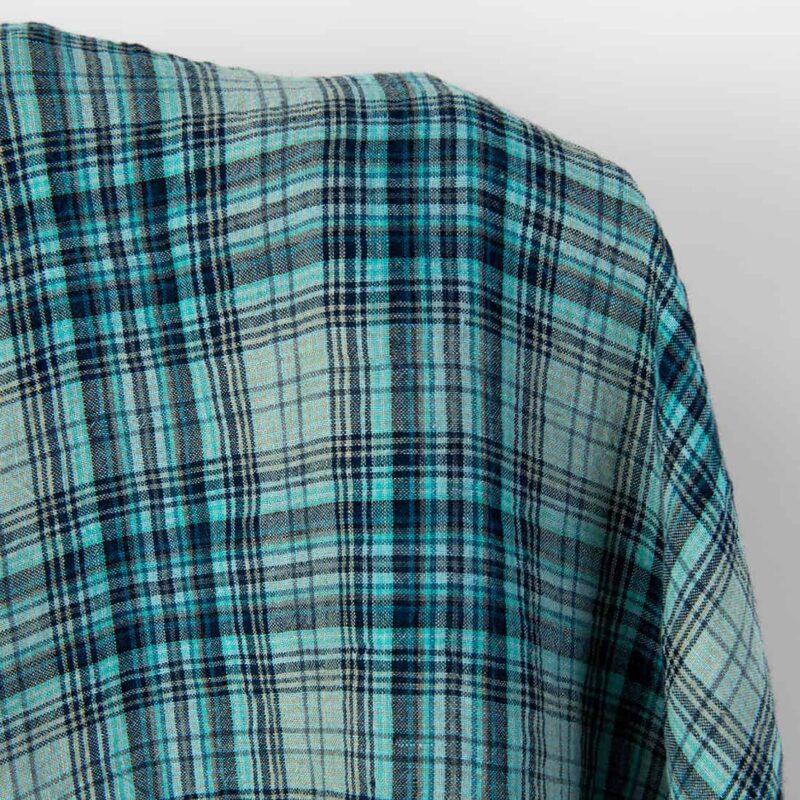 Wide washed linen fabric grey and turquoise checks, for curtains, bedlinen