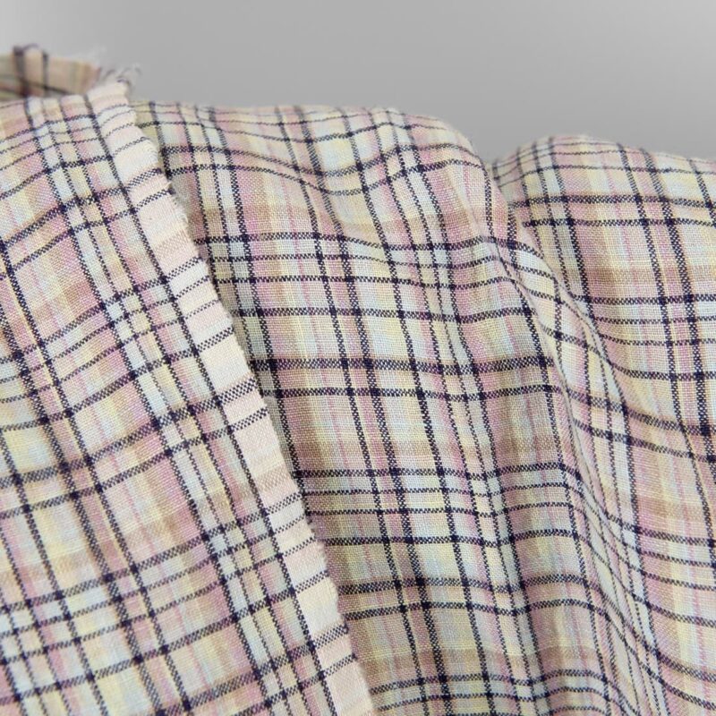 Washed linen fabric pastel multicolour and dark blue checks, specially washed