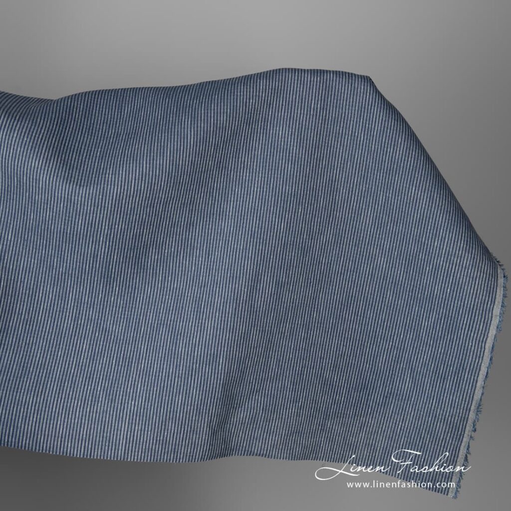 Linen fabric with small blue stripes