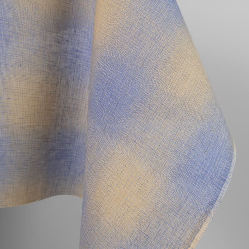 Linen fabric sand and blue checks colour mix gradient close up edge