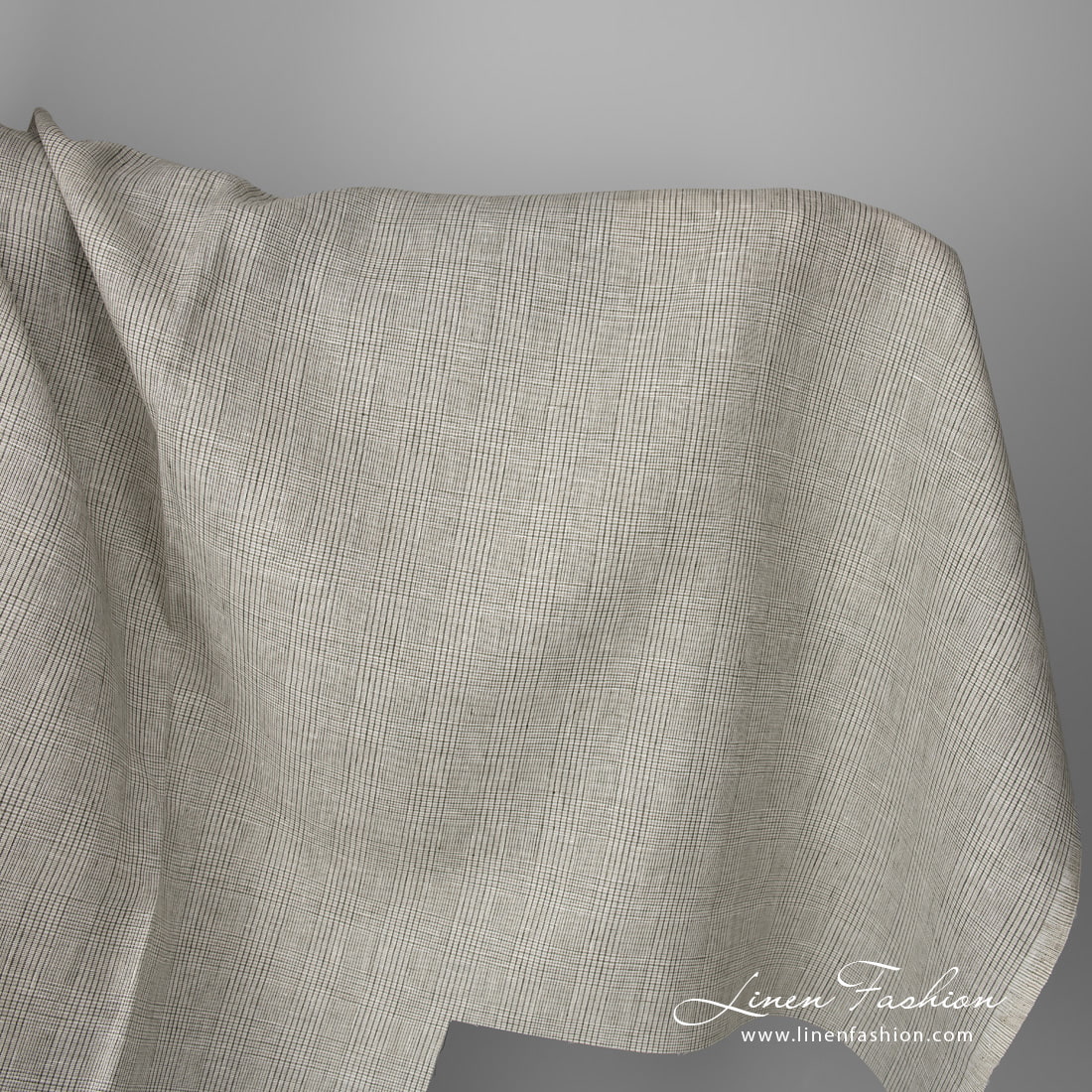 Linen fabric light beige with green checks