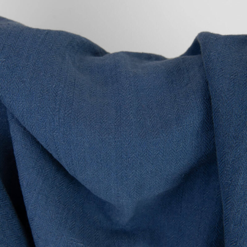 Dark blue linen cotton fabric in herringbone pattern