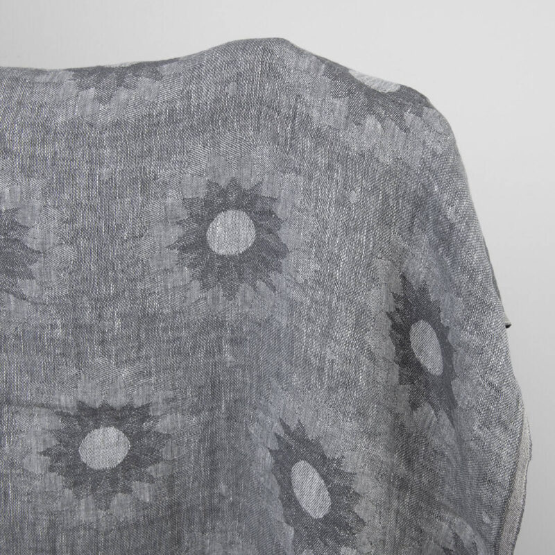 Grey linen fabric with floral pattern washed