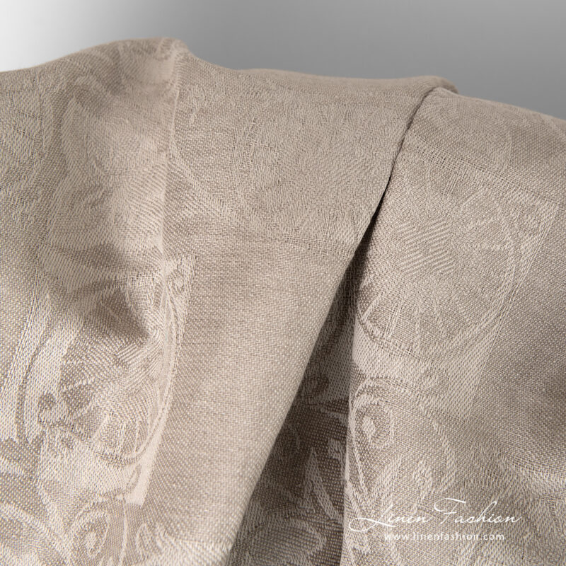 Linen cotton brownish jacquard fabric with flower motif