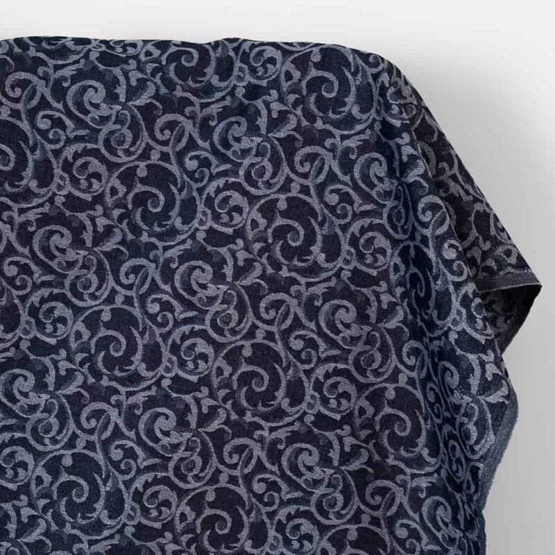 Leinen-Baumwollstoff blau und grau Jacquard silberglänzend