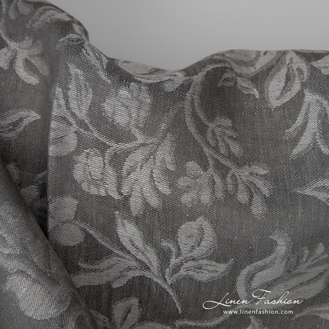 Linen jacquard grey fabric floral pattern detail