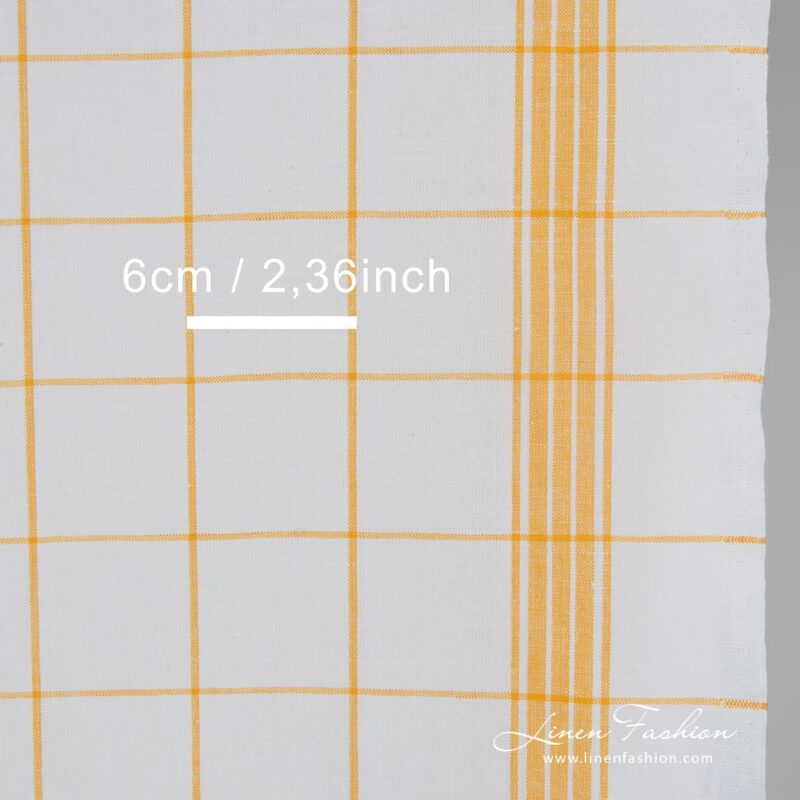 White linen cotton fabric in yellow checks, perfect for kitchen textile