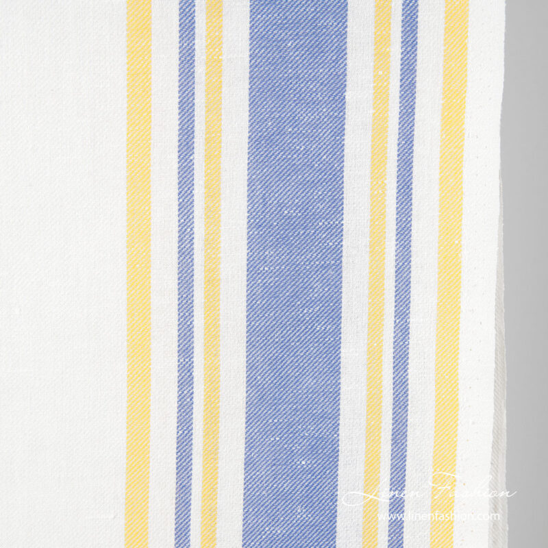 White narrow linen blend fabric in yellow, blue stripes