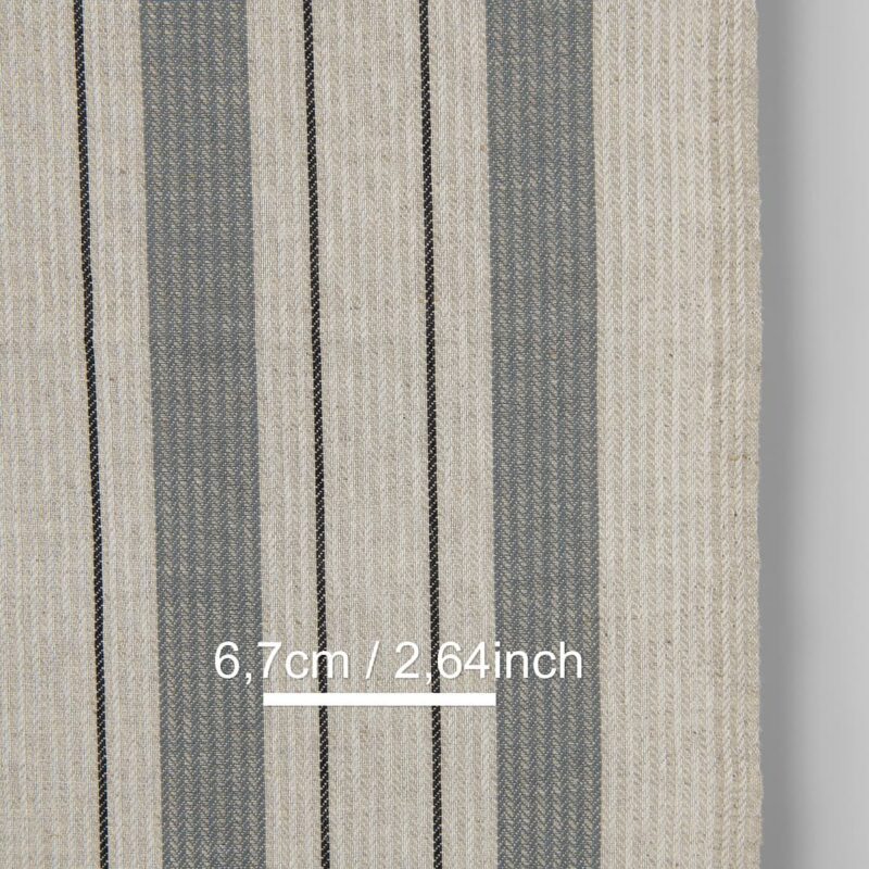 Narrow linen cotton fabric beige with grey stripes twill, with measurements