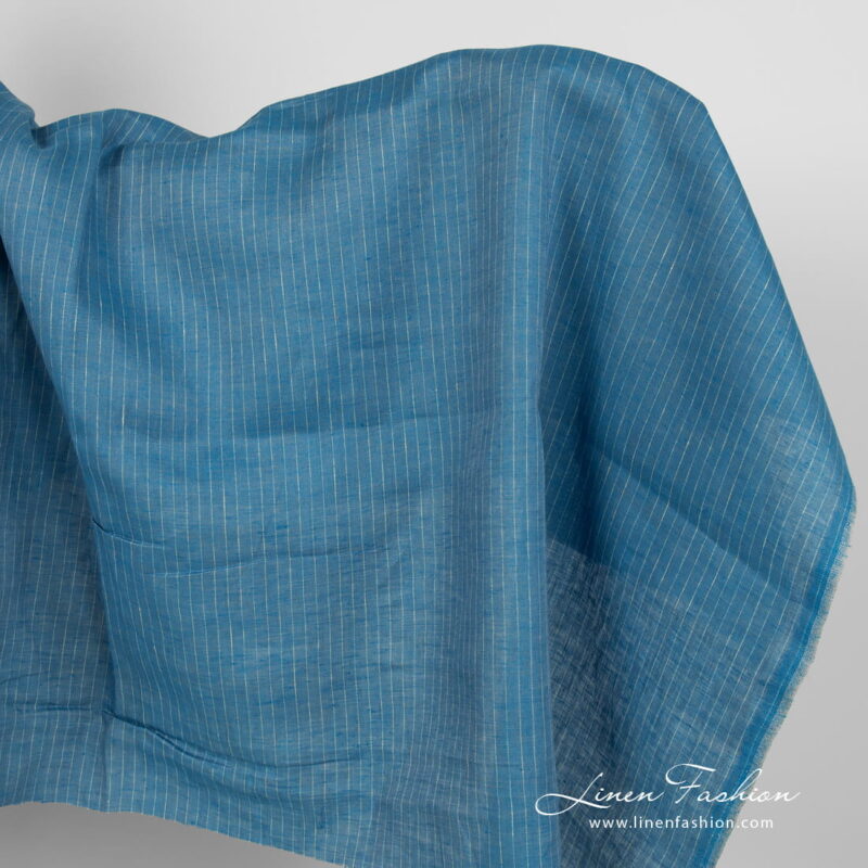 Linen fabric blue with yellowish stripes