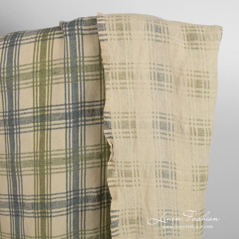Green linen cotton fabric in checks, double-sided