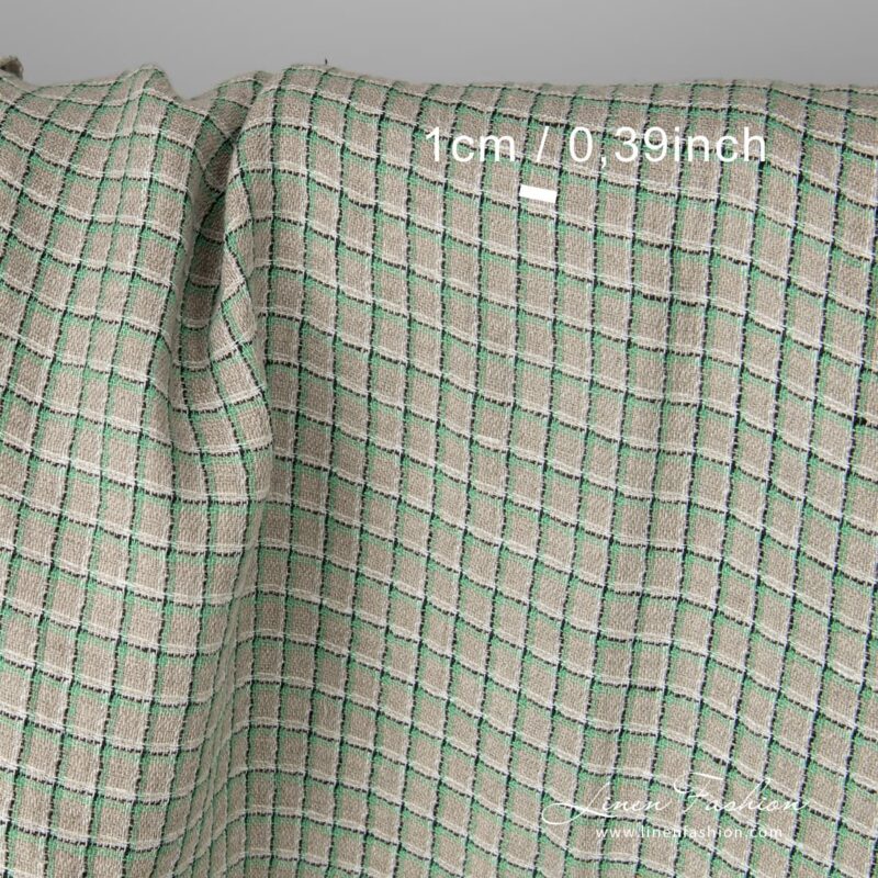 Grey natural flax colour 100% linen fabric with narrow, light green, black and white stripes, which create 1cm x 1,5cm (0.4" x 0.6") checks