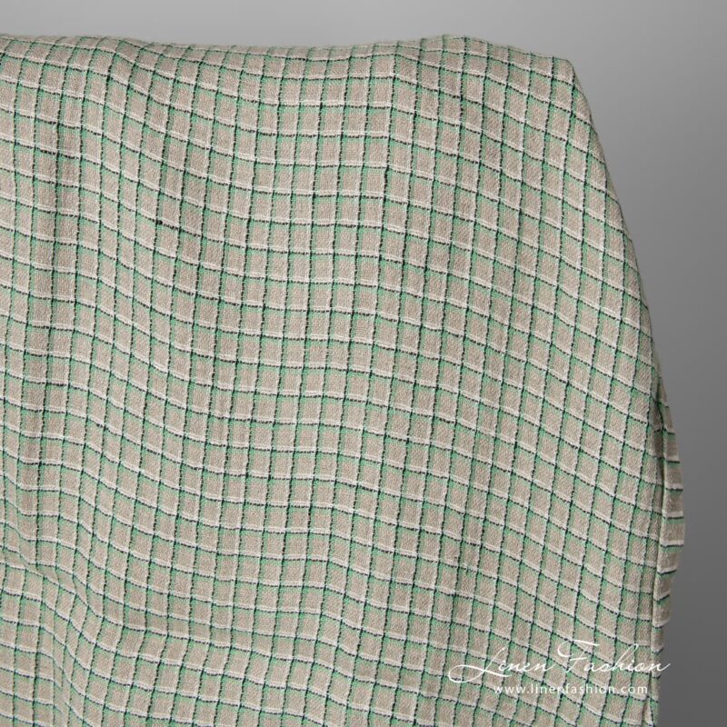Grey natural flax colour 100% linen fabric with light green, black and white checks