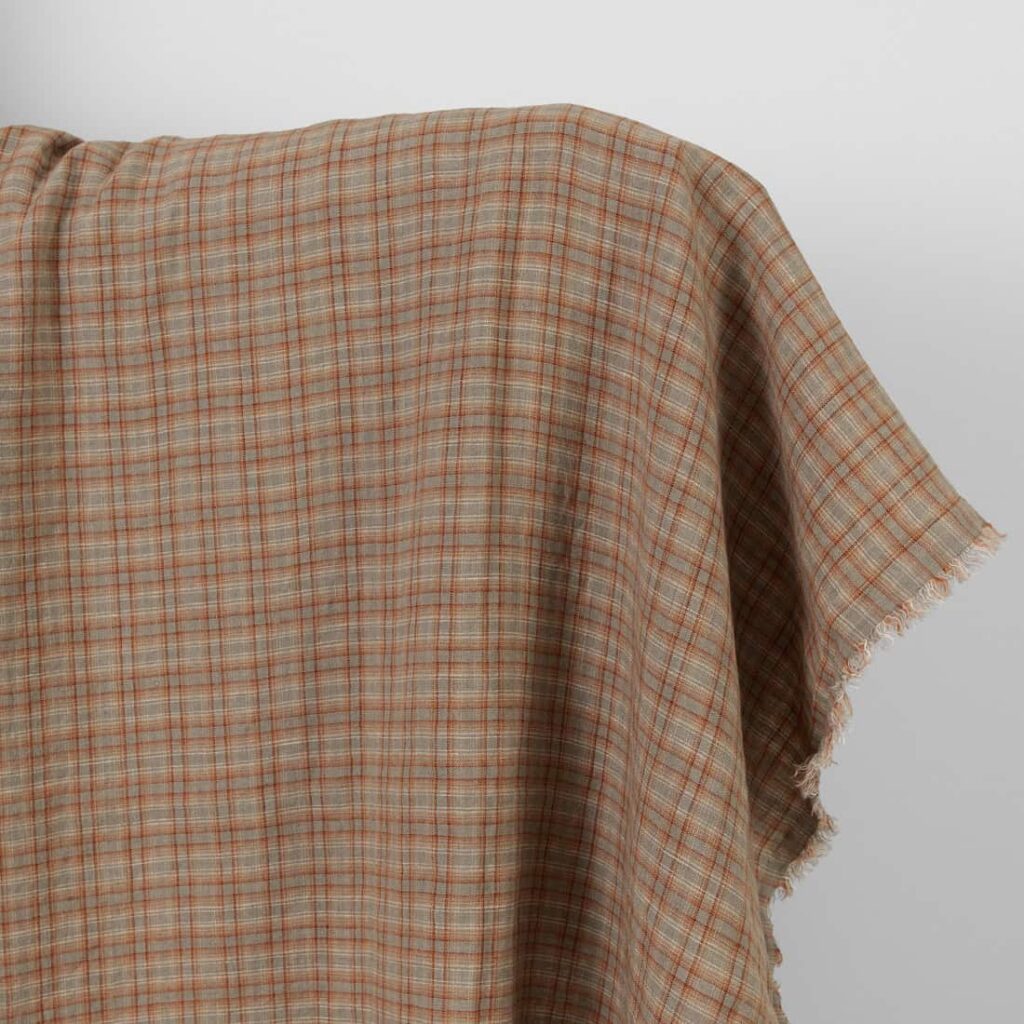 Leinenstoff beige-orange kariert gewaschen 1 Washed linen fabric orange brown checks