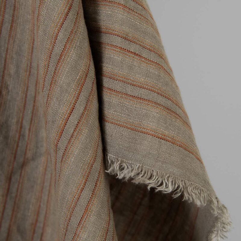 Linen fabric orange brown stripes washed, fabric edge