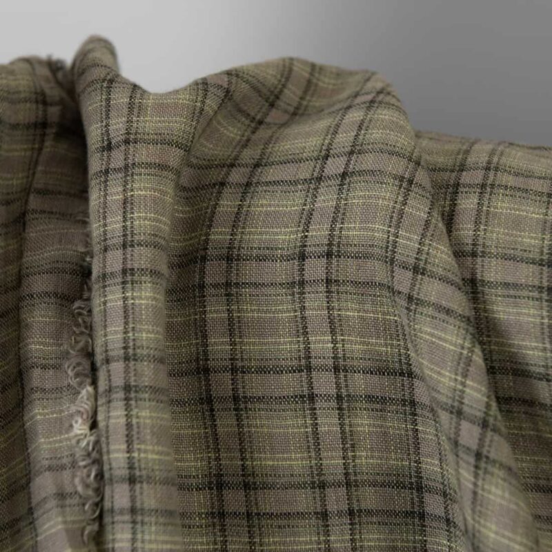 Washed linen fabric brown-green checks, heavy weight