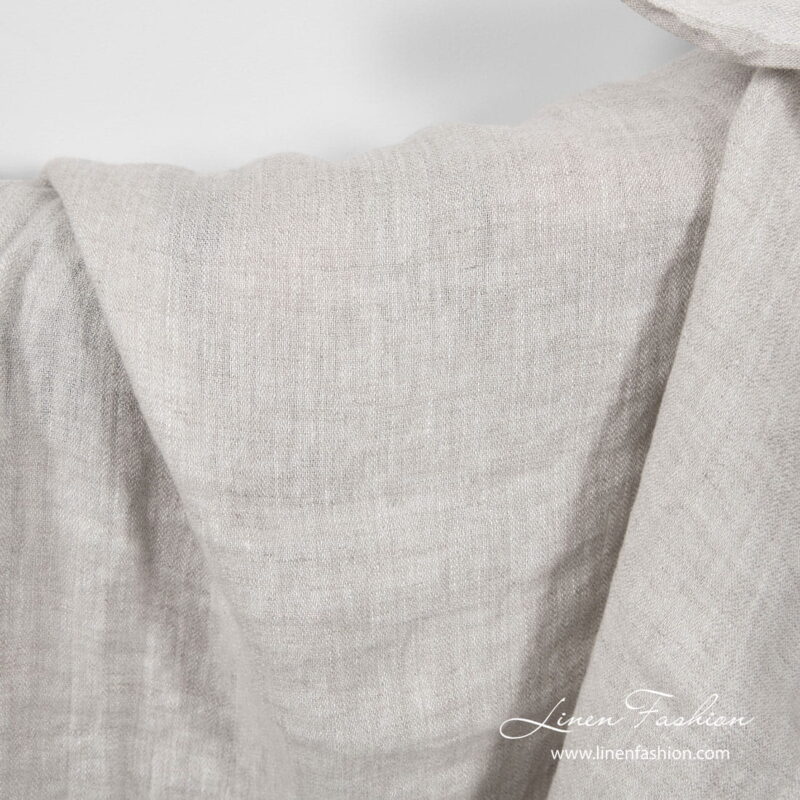 Washed linen fabric light grey tiny herringbone