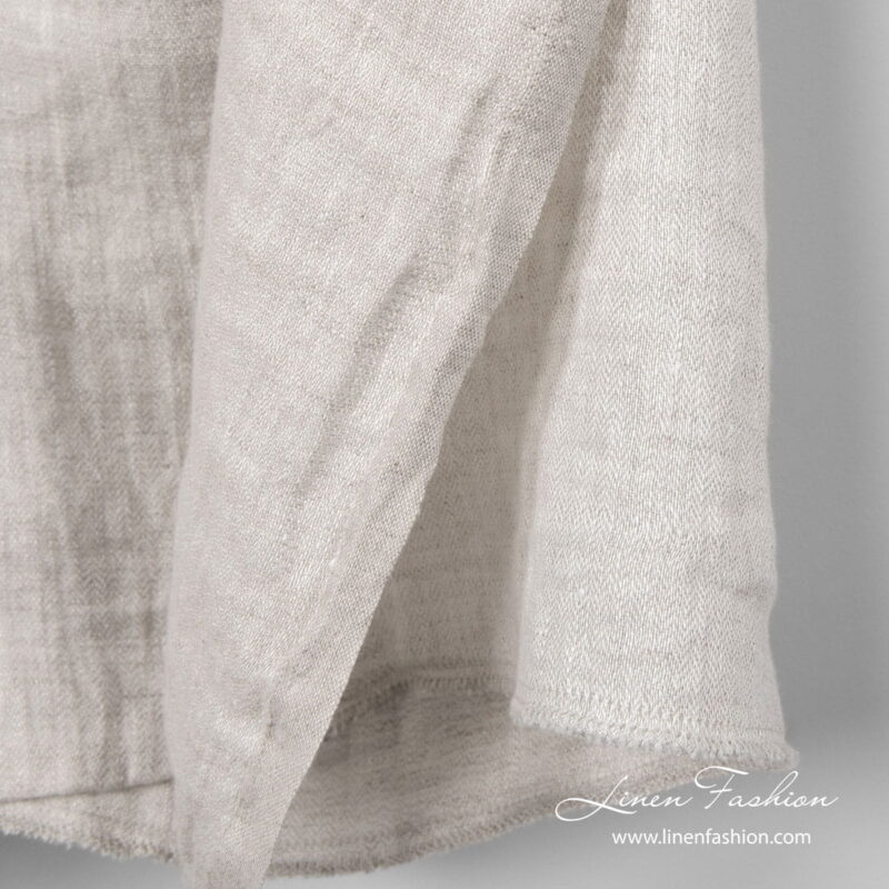 Washed linen fabric light grey tiny herringbone