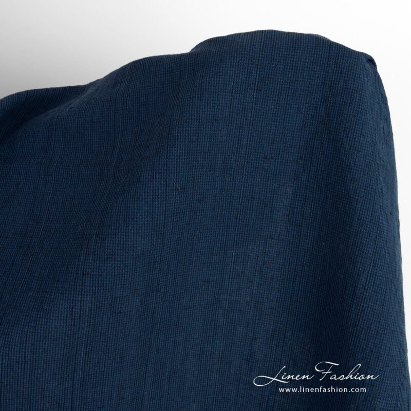 Denim blue linen cotton fabric with checks