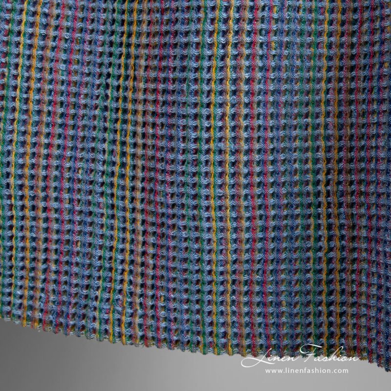 Blue linen cotton fabric in waffle pattern, perfect for home textile, towels