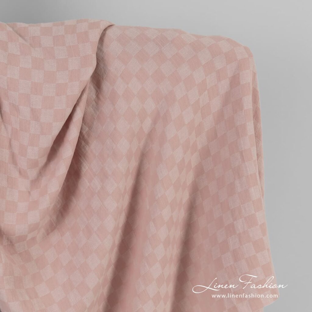 Pink linen cotton fabric in checks