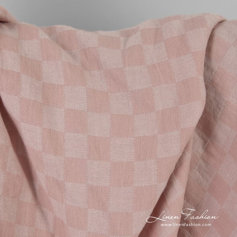 Pink linen cotton fabric in checks, washed