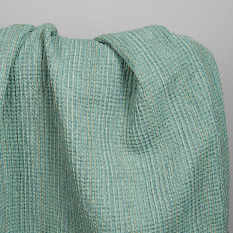 Washed green linen cotton waffle weave fabric