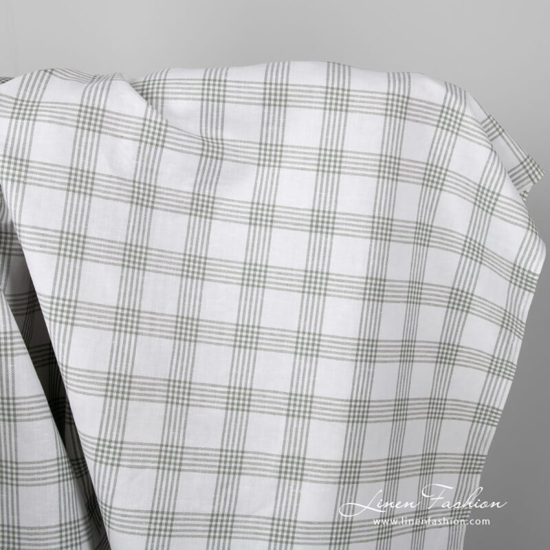 White linen cotton fabric with grey checks