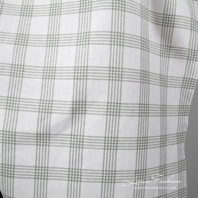 Grey grid checks on white background, twill weave linen cotton fabric