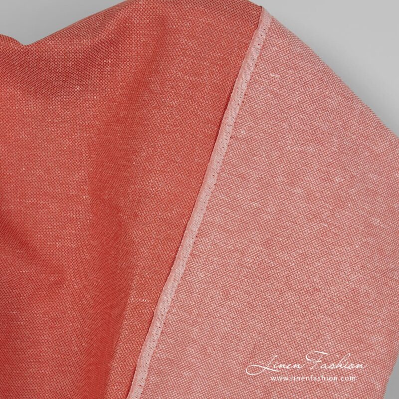 Coral linen cotton fabric with tiny checks