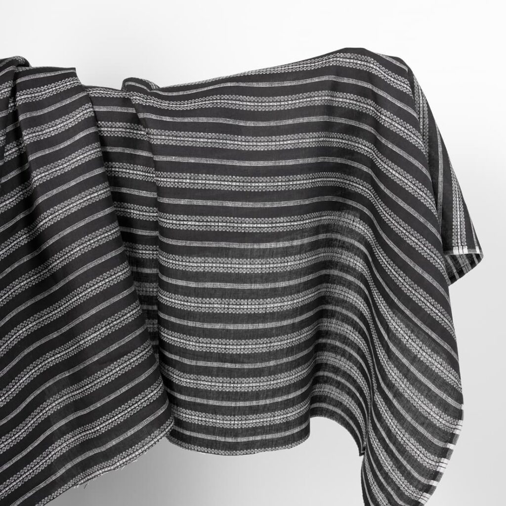 Linen fabric black with white patterned stripes