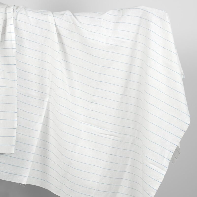 Washed linen cotton fabric white with sky blue stripes product photo