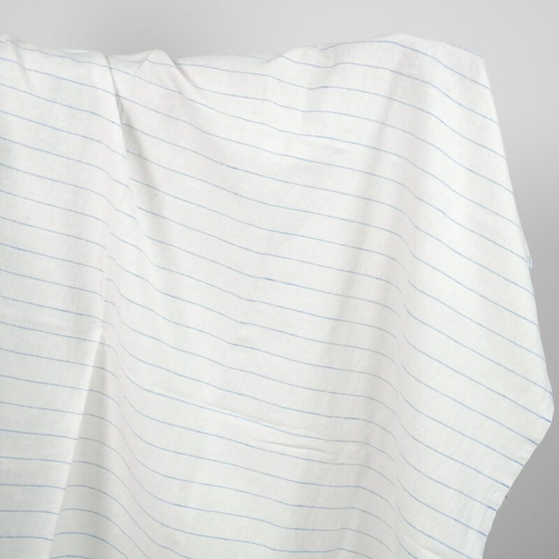 Washed linen cotton fabric white with sky blue stripes