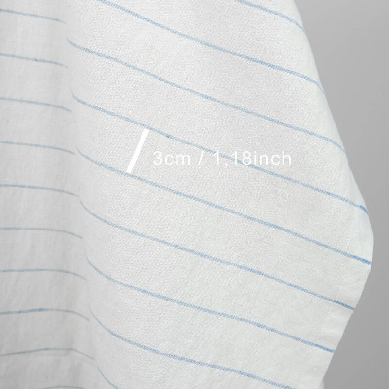 Washed linen cotton fabric white with sky blue stripes with measurements