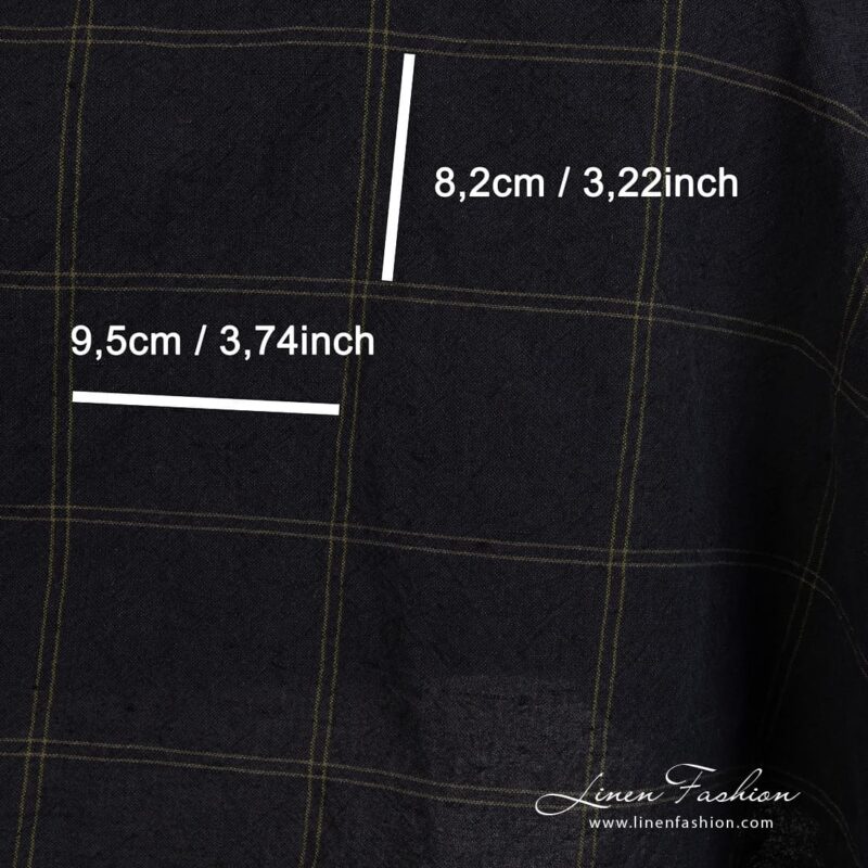Checked linen cotton fabric woven from black and dark green yarns