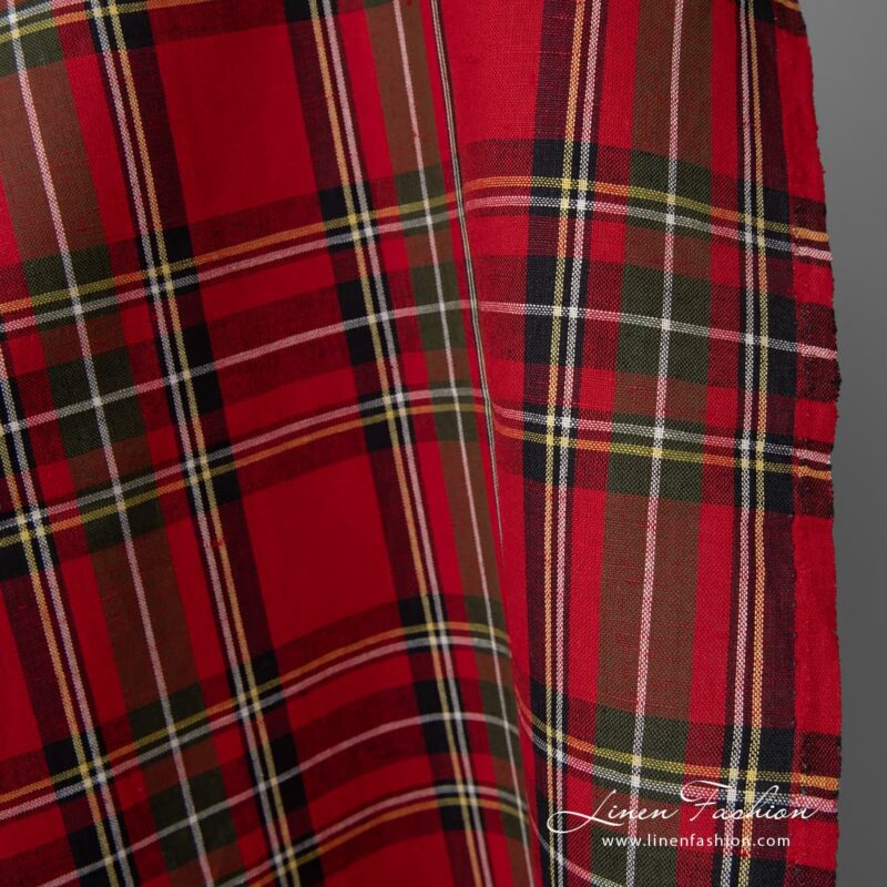 Plaid linen cotton fabric in red, black, green, white and yellow