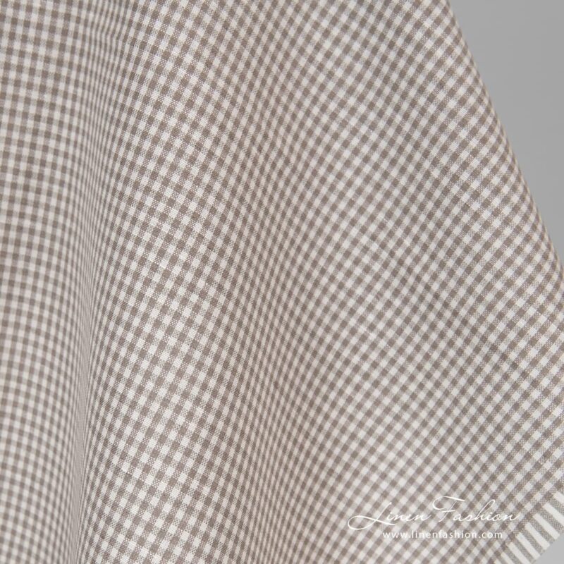 Grey white checked linen cotton fabric.