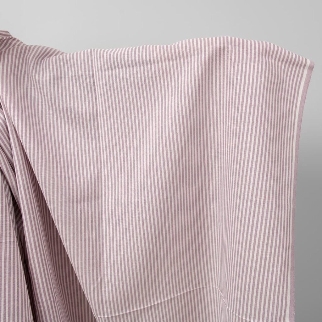 Wide linen cotton fabric in white and lilac stripes