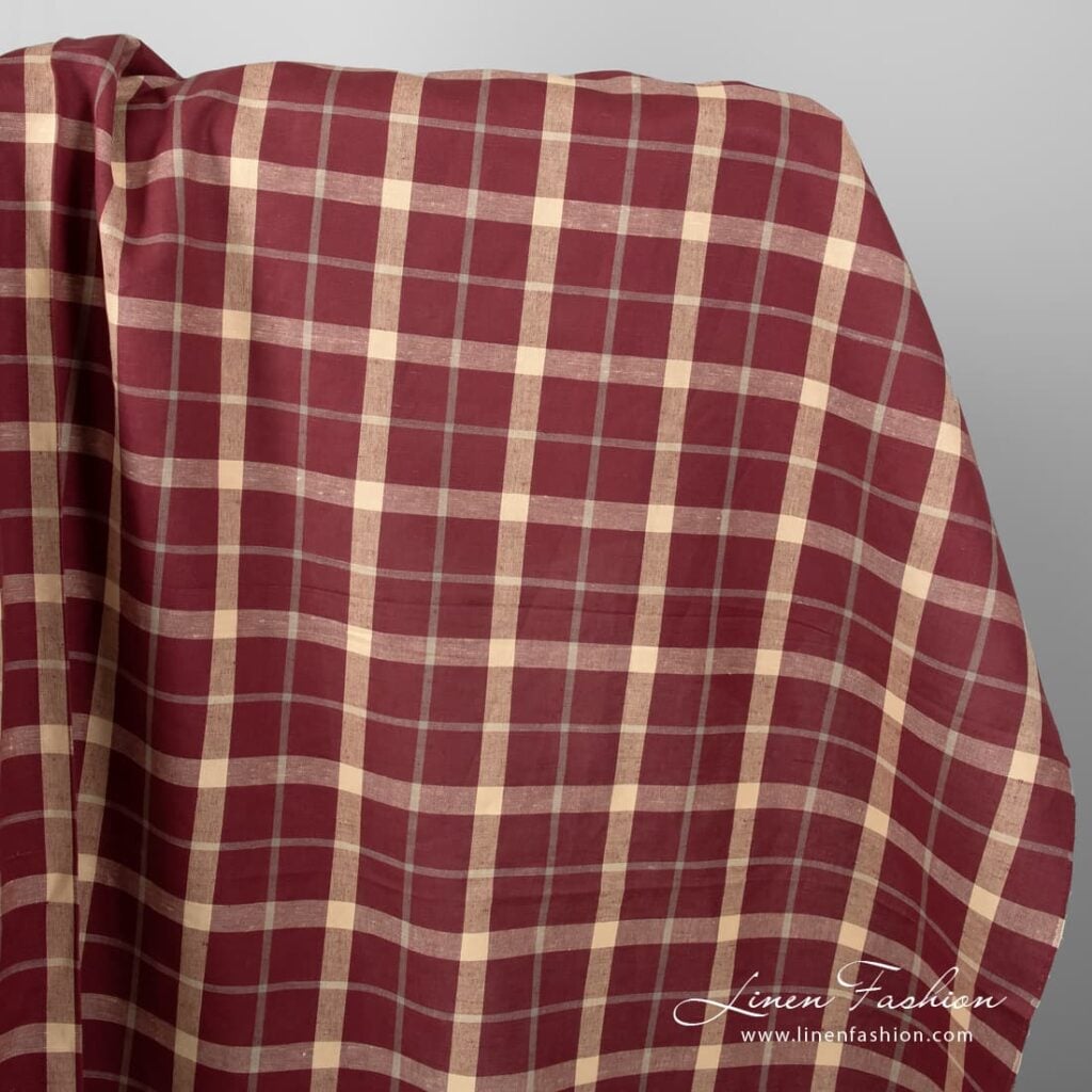 Linen cotton red fabric with cream checks.