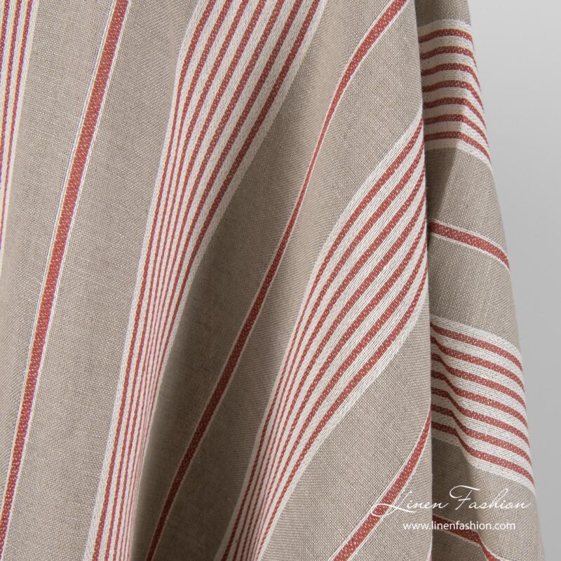 Grey linen blend fabric with white, red stripes
