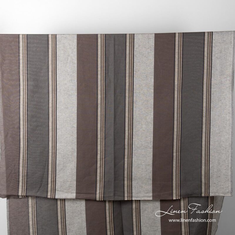 Full view of brown & grey striped linen cotton fabric