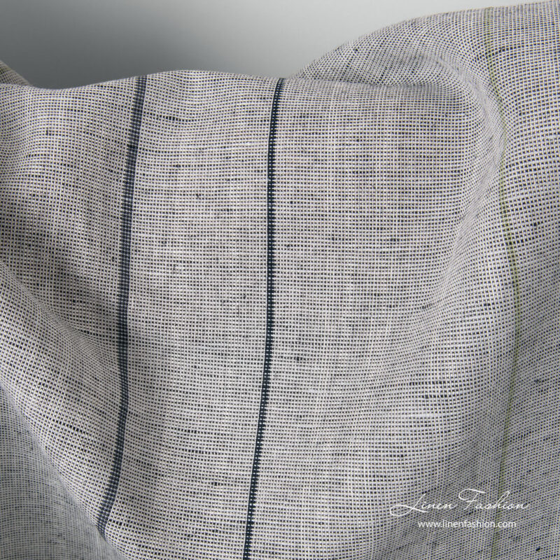 Grey variegated linen cotton fabric with black stripes