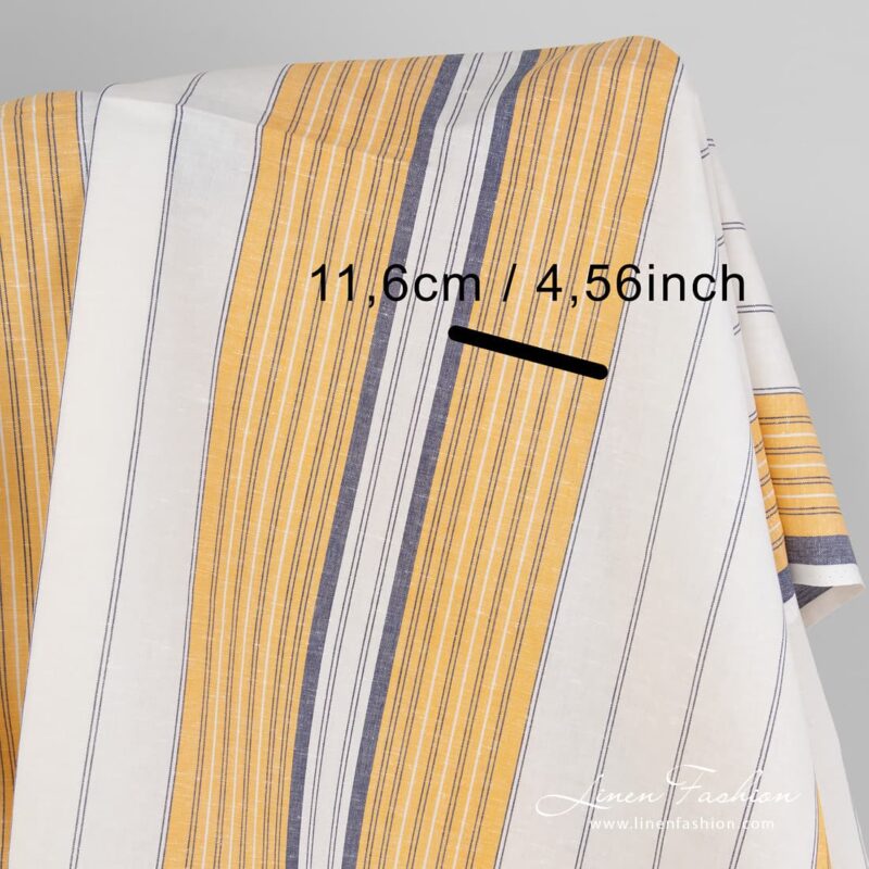 White blue yellow striped fabric.