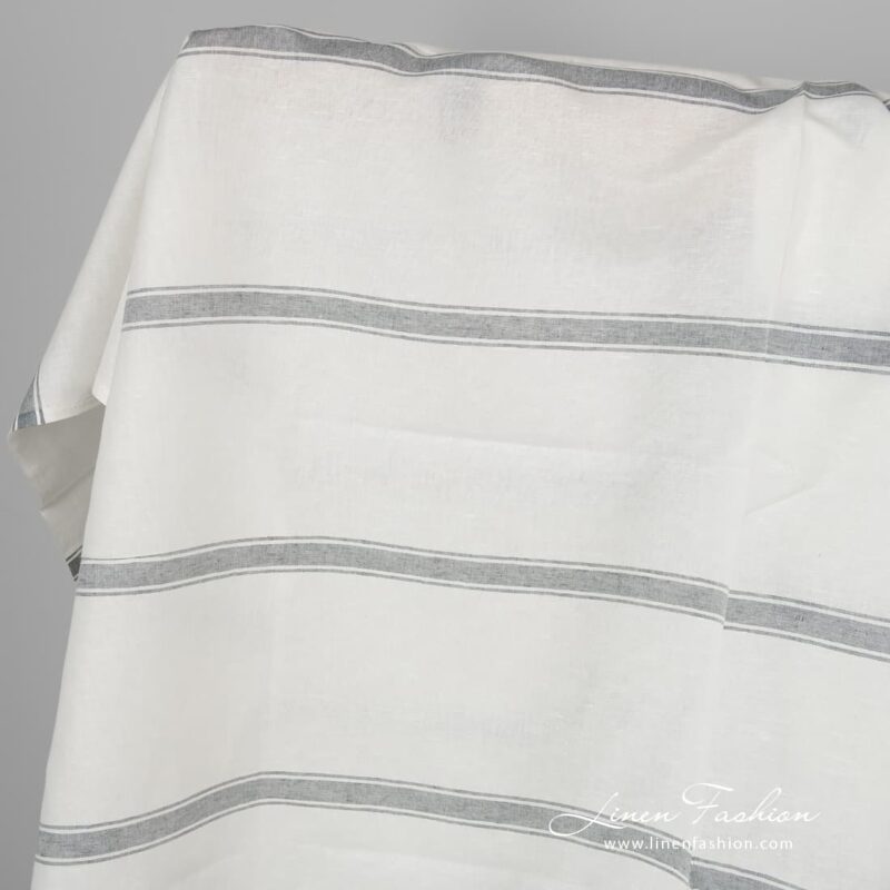 White linen cotton fabric with grey stripes.